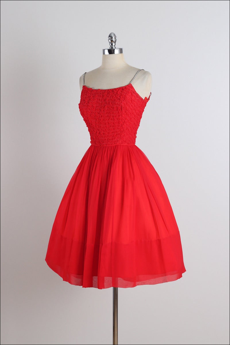 Vintage 1950s Red Crepe Chiffon Rhinestone Dress For Sale 1