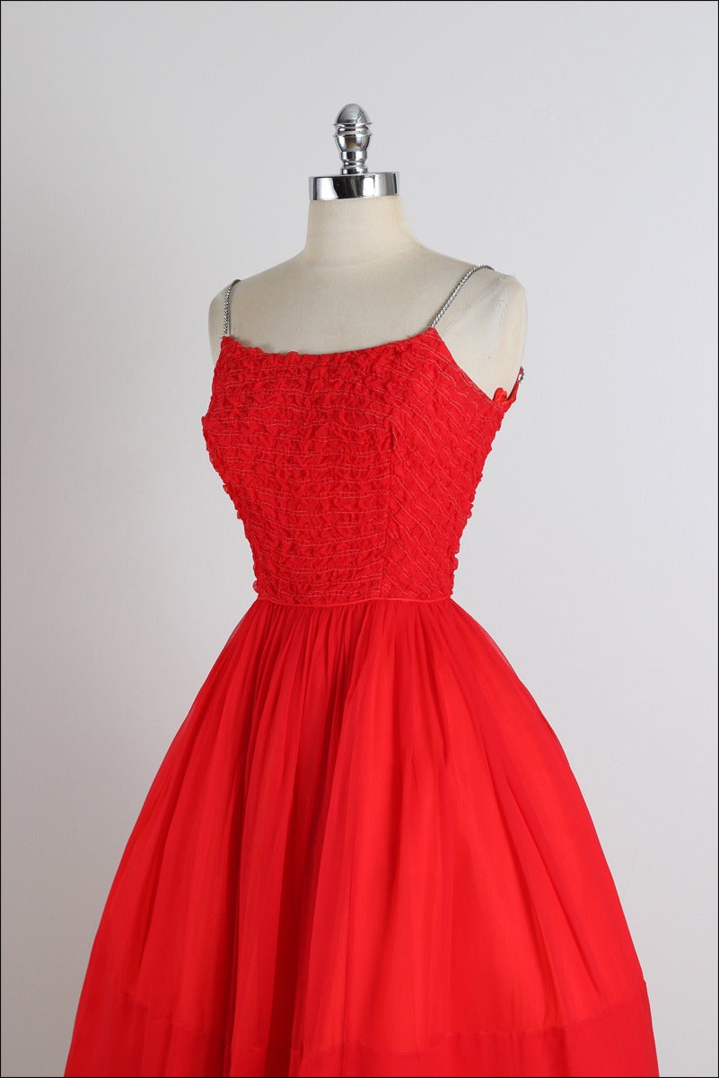 Vintage 1950s Red Crepe Chiffon Rhinestone Dress For Sale 2