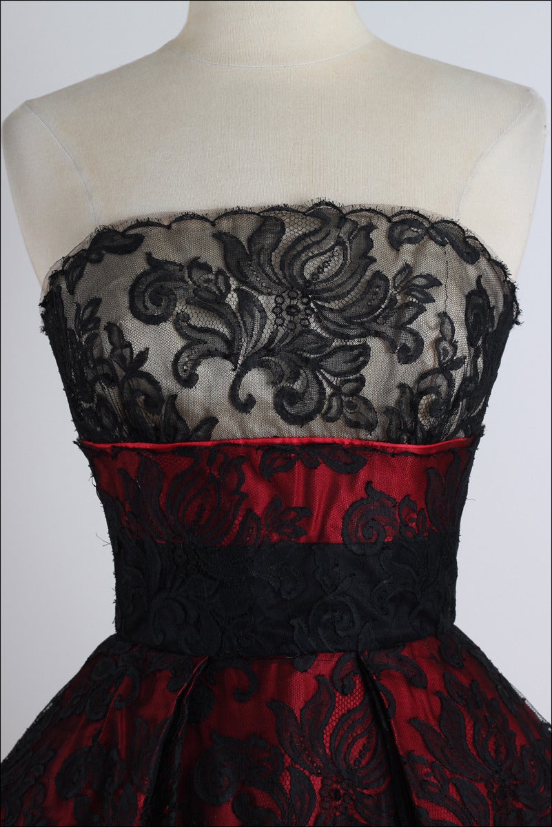 Women's Vintage 1950s Bullocks Wilshire Red Black Lace Satin Dress