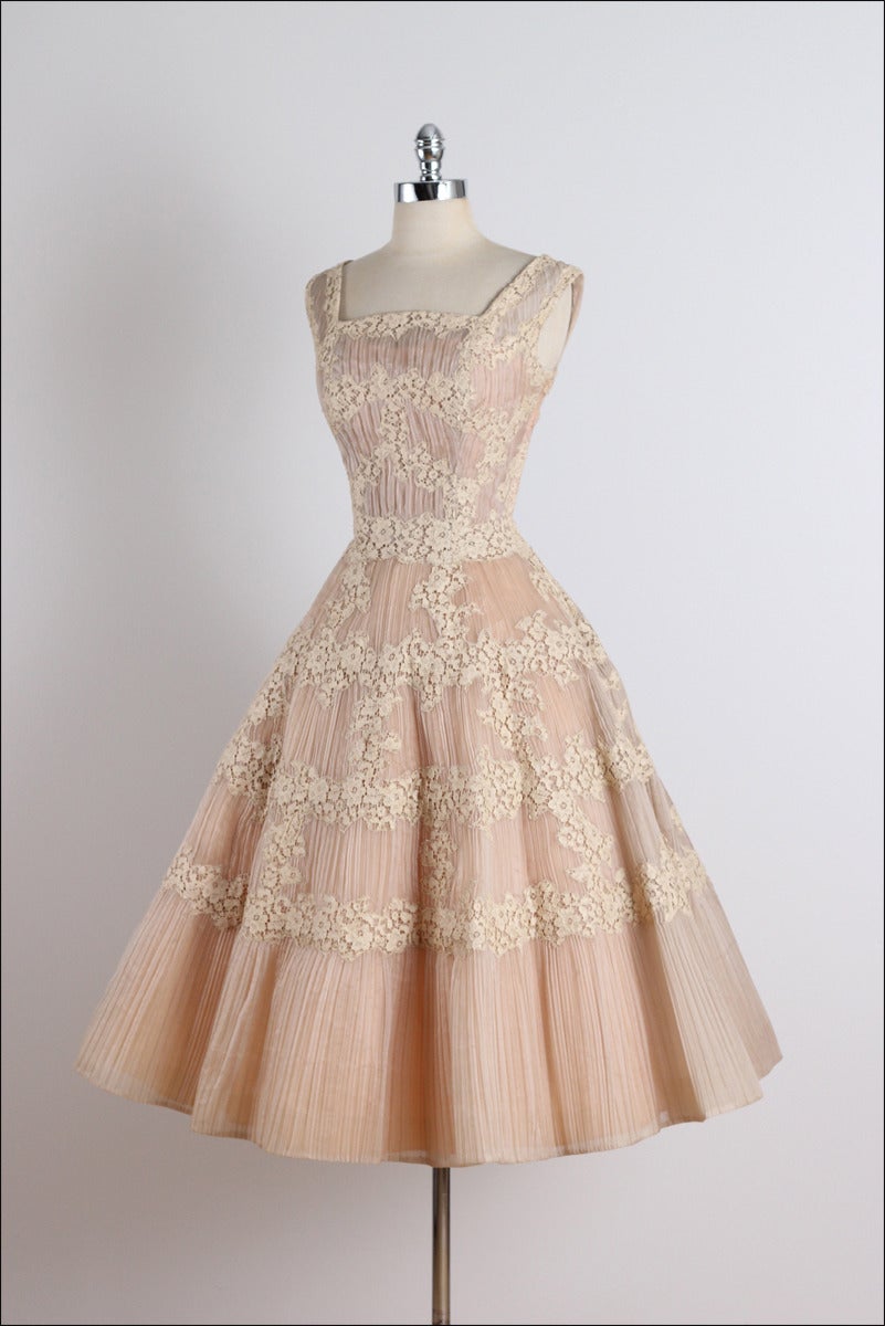 Vintage 1950s Ceil Chapman Nude Organza Lace Party Dress 1