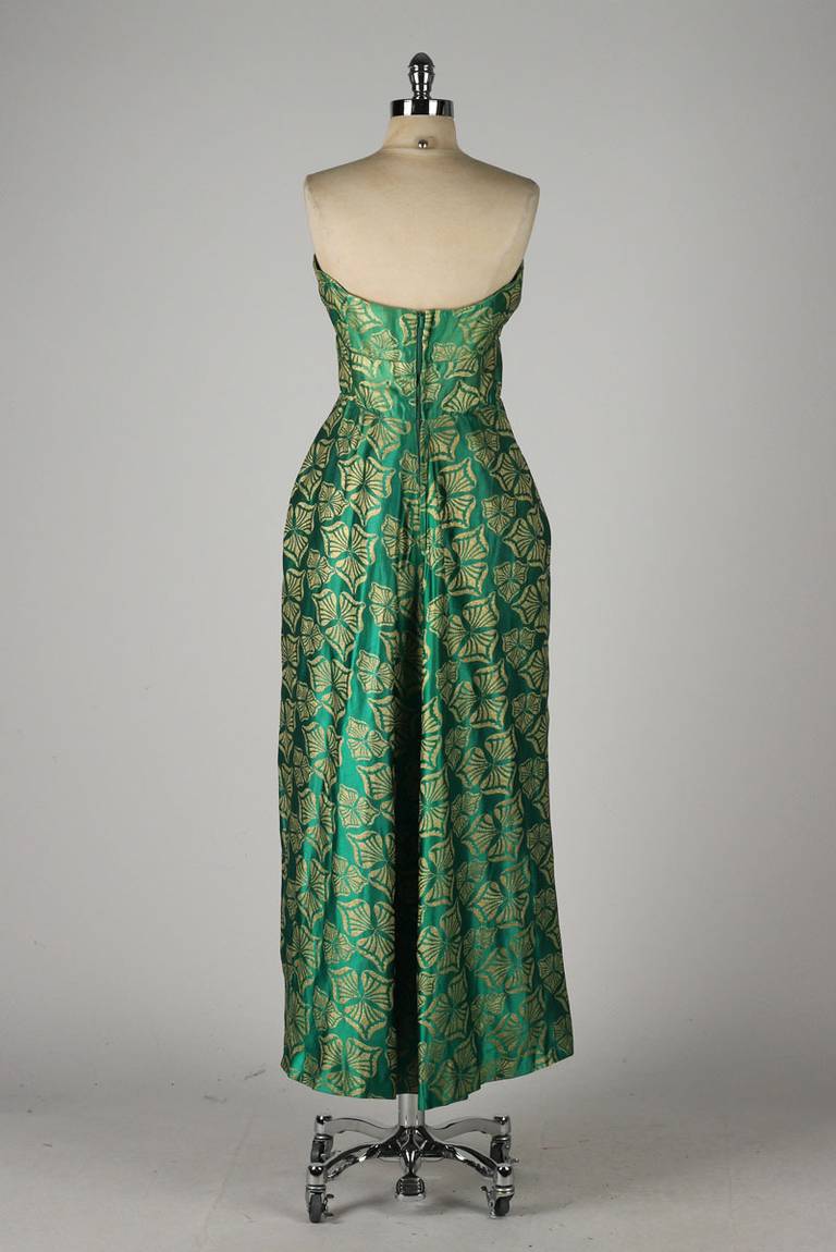 Women's Vintage 1950's Helena Barbieri Green Silk Satin Brocade Dress