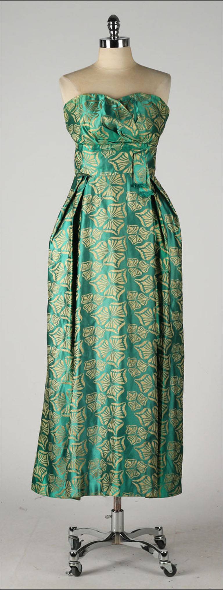 Vintage 1950's Helena Barbieri Green Silk Satin Brocade Dress 2