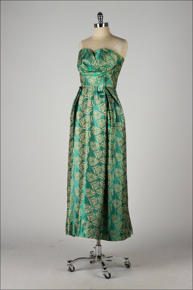 Vintage 1950's Helena Barbieri Green Silk Satin Brocade Dress In Excellent Condition In Hudson on the Saint Croix, WI
