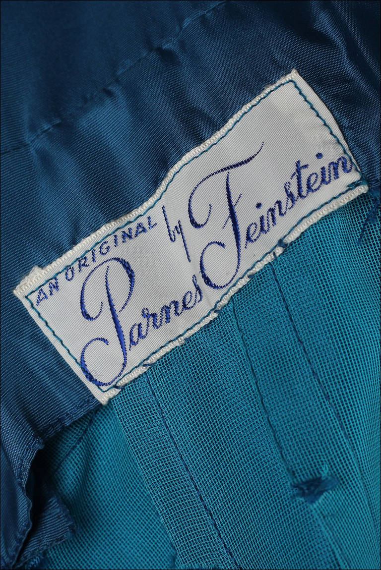 Vintage 1950's Sapphire Blue Parnes Feinstein Satin Dress 2