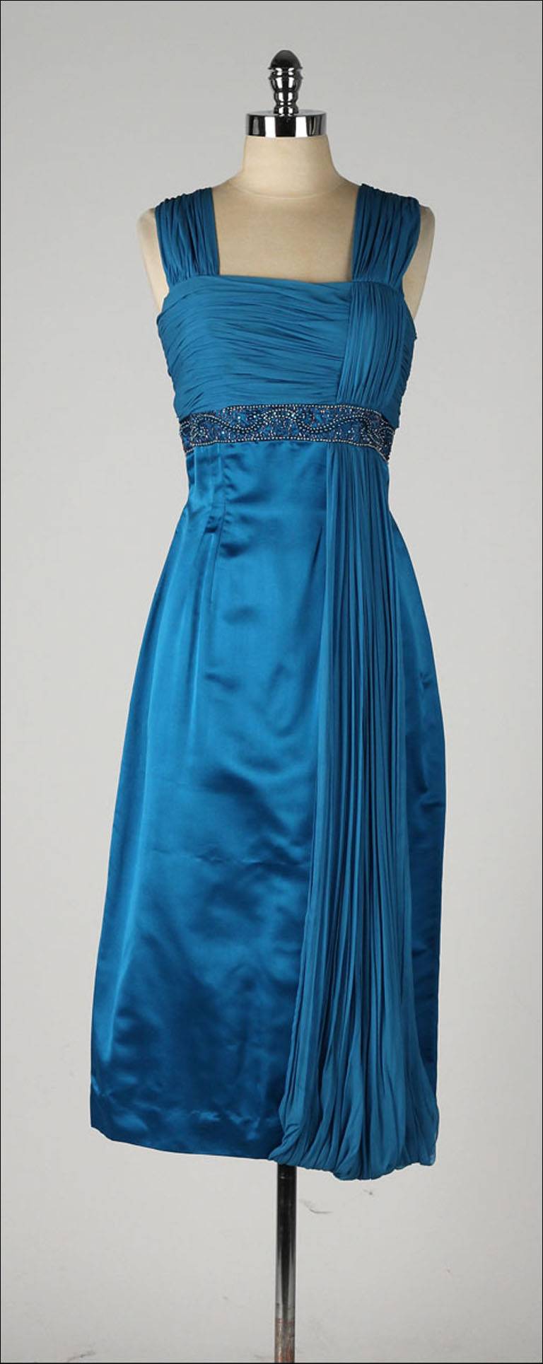 Vintage 1950's Sapphire Blue Parnes Feinstein Satin Dress 3