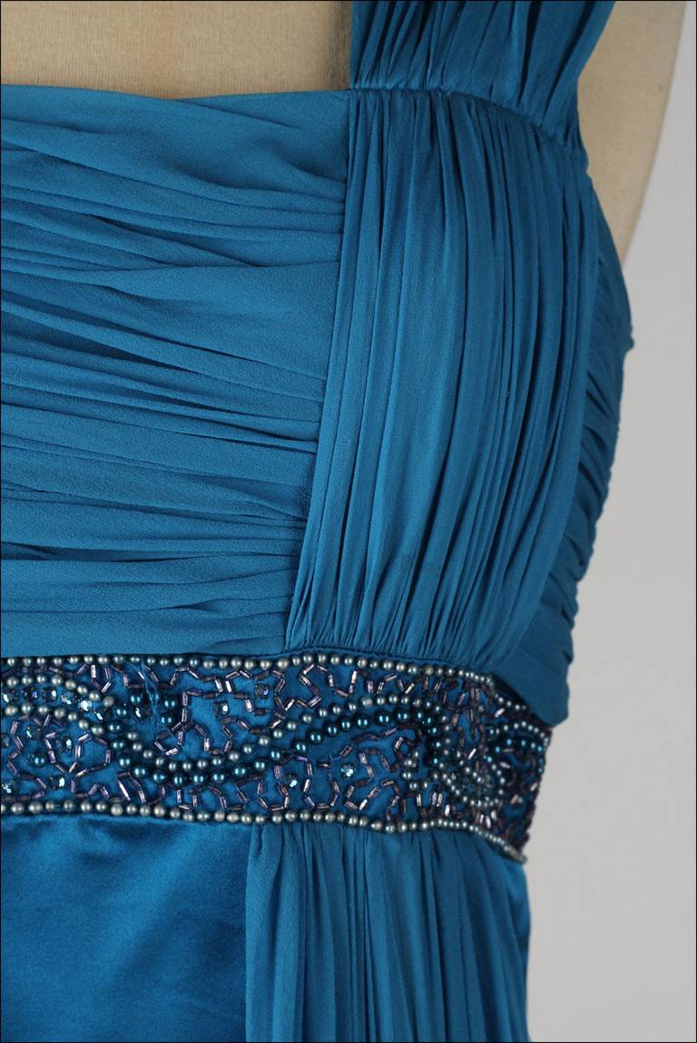 Vintage 1950's Sapphire Blue Parnes Feinstein Satin Dress at 1stDibs
