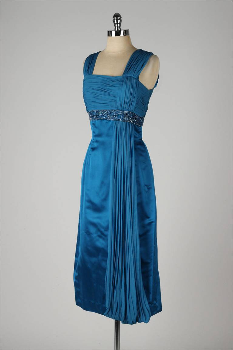 Women's Vintage 1950's Sapphire Blue Parnes Feinstein Satin Dress