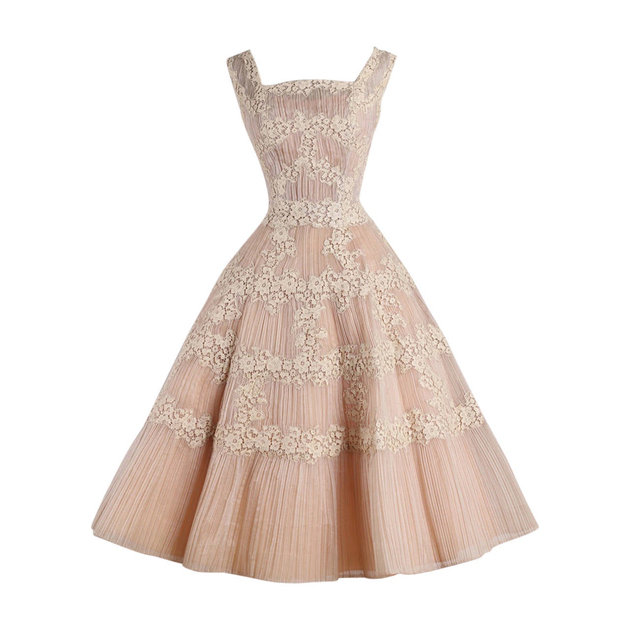 Vintage 1950s Ceil Chapman Nude Organza Lace Party Dress