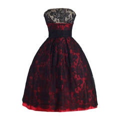 Vintage 1950s Bullocks Wilshire Red Black Lace Satin Dress
