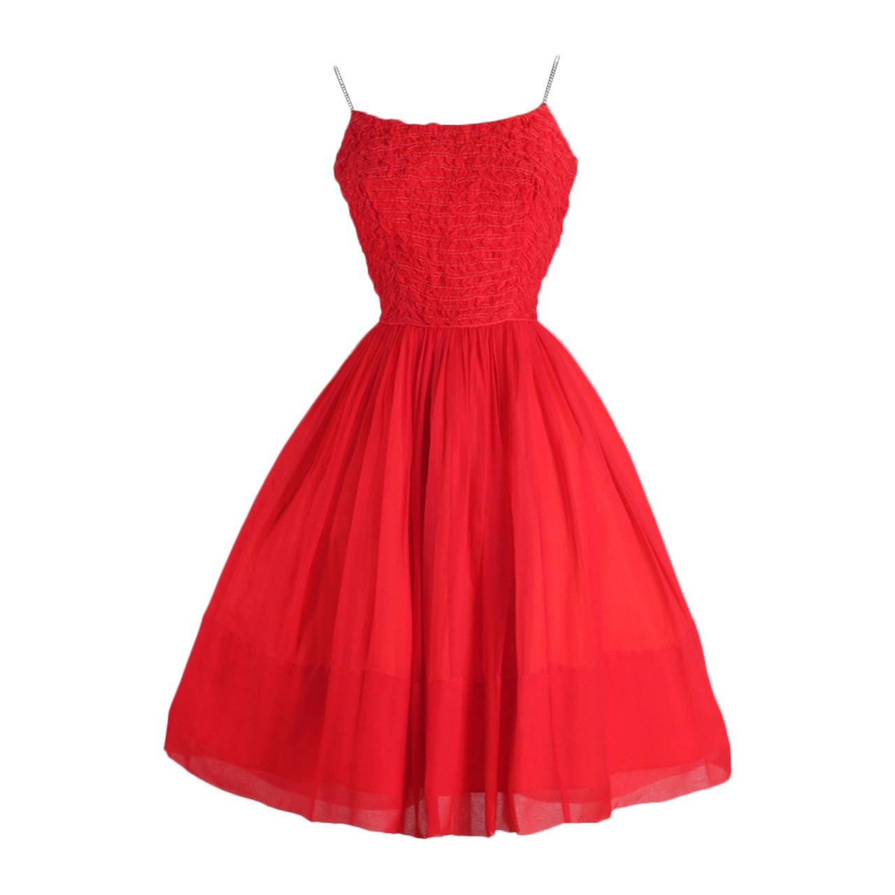 Vintage 1950s Red Crepe Chiffon Rhinestone Dress For Sale