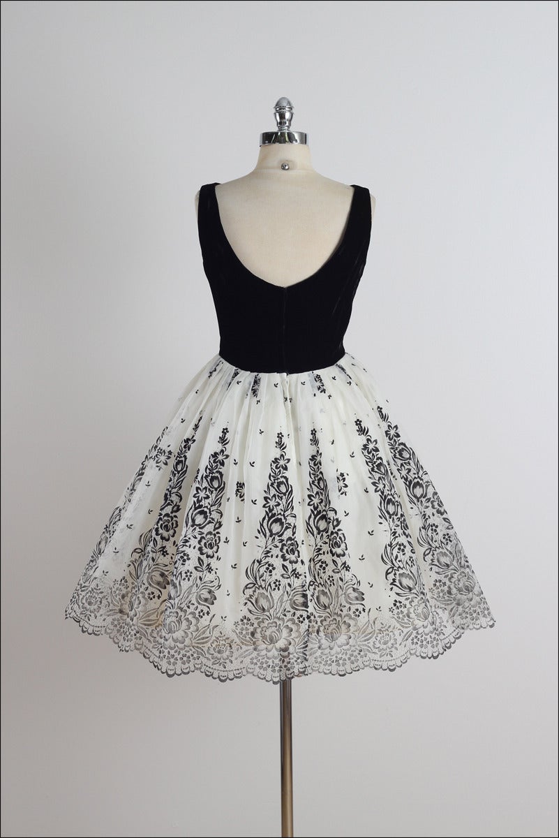 Vintage 1950s Black and White Flocked Chiffon Party Dress 1