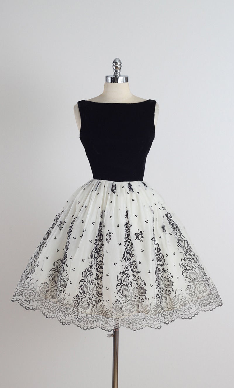 Vintage 1950s Black and White Flocked Chiffon Party Dress 2