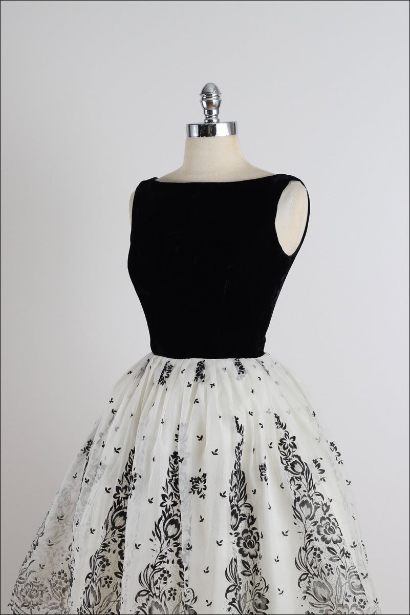 Women's Vintage 1950s Black and White Flocked Chiffon Party Dress