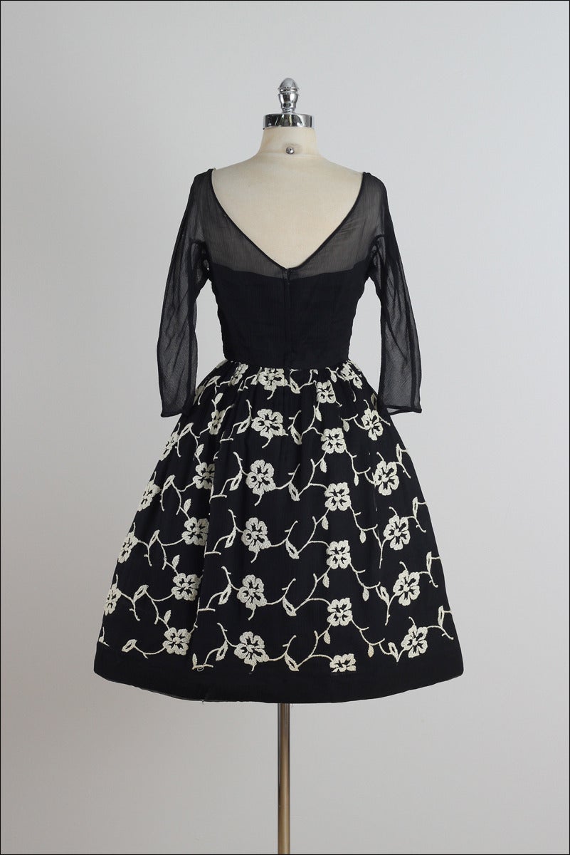 Vintage 1950s Black Embroidered Silk Crepe Illusion Dress For Sale 4