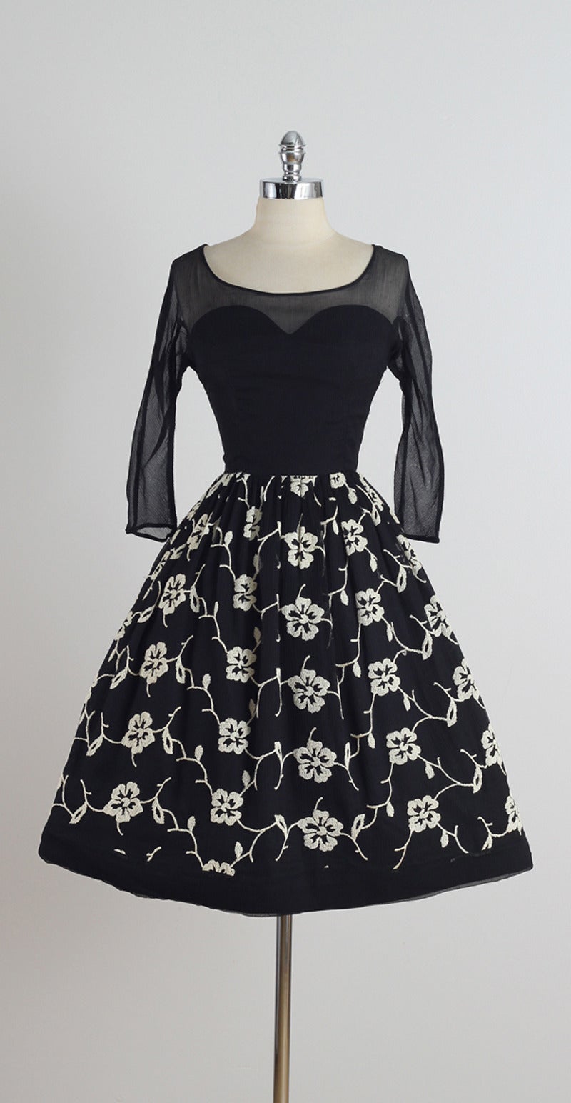 Vintage 1950s Black Embroidered Silk Crepe Illusion Dress For Sale 5