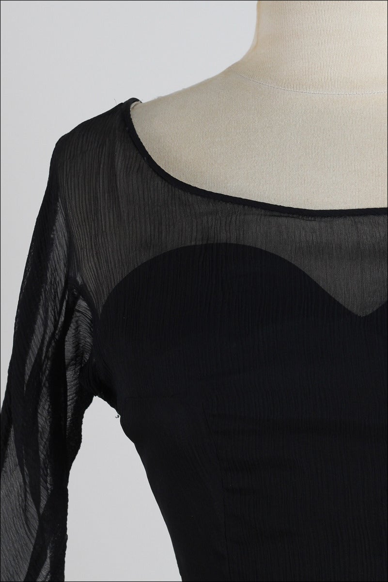 Vintage 1950s Black Embroidered Silk Crepe Illusion Dress For Sale 1