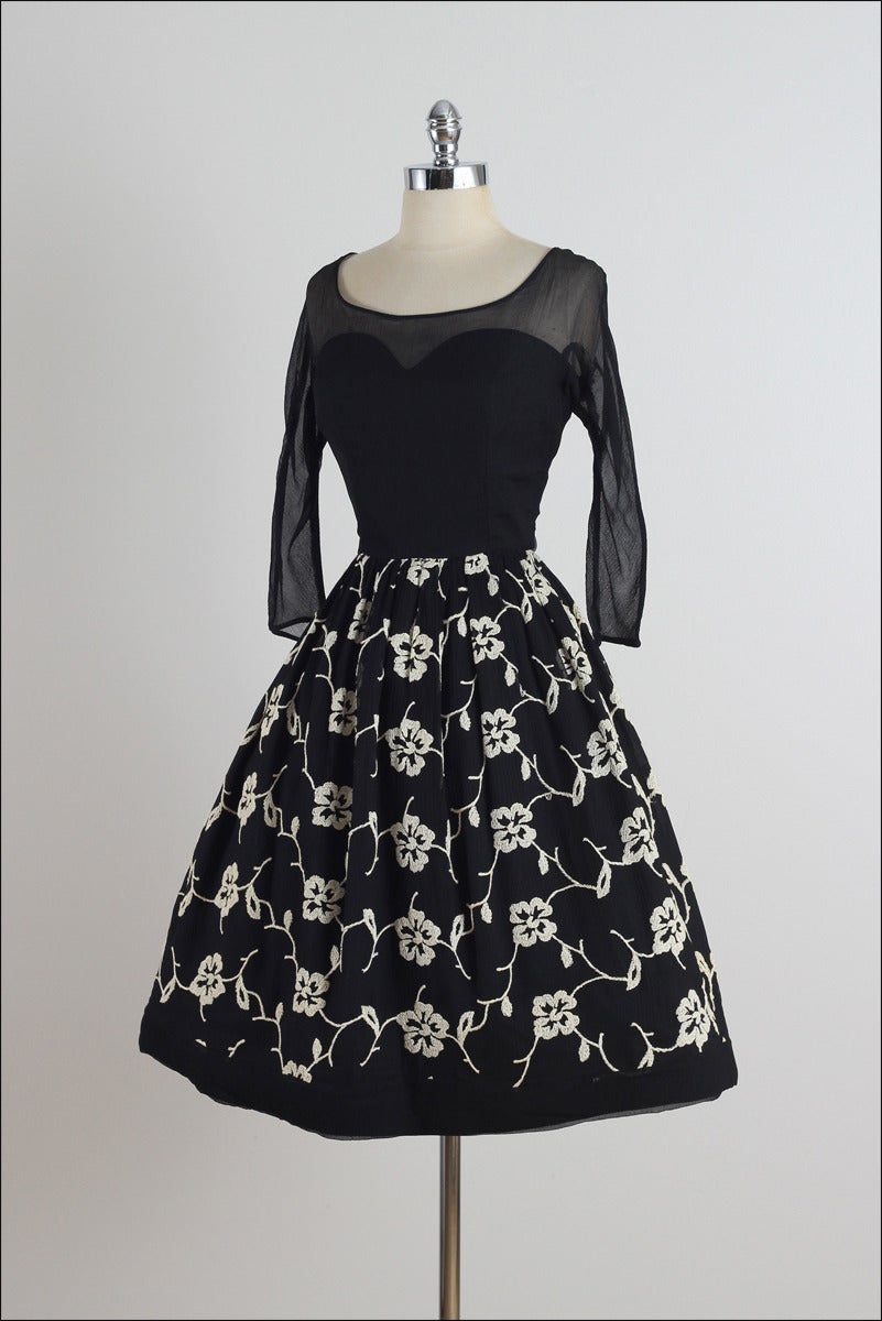 Vintage 1950s Black Embroidered Silk Crepe Illusion Dress For Sale 2