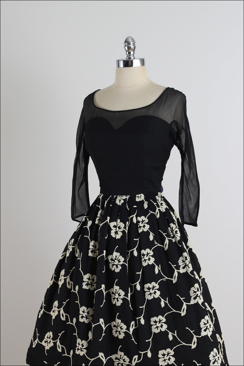 Vintage 1950s Black Embroidered Silk Crepe Illusion Dress For Sale 3