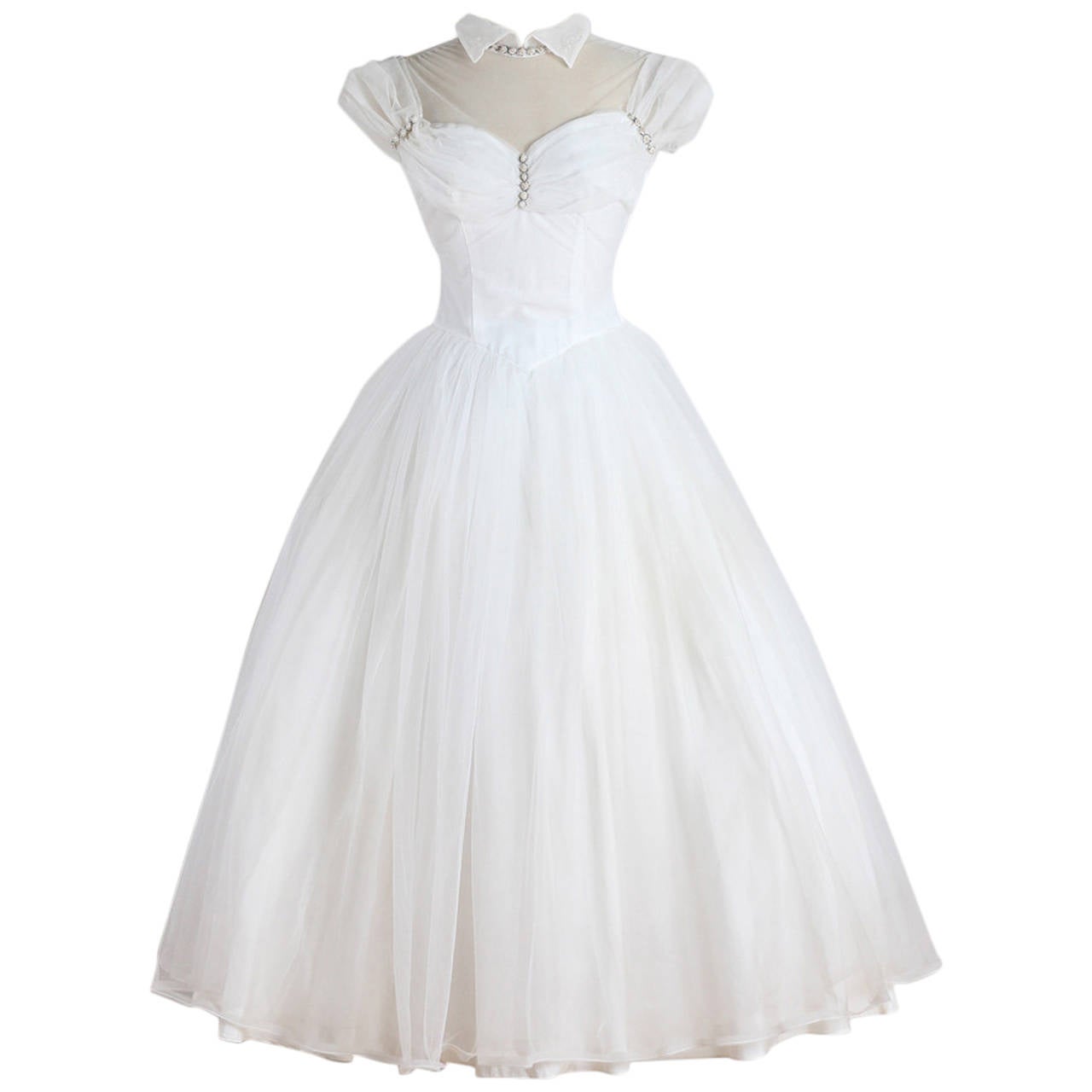 Vintage 1950s White Tulle Beaded Wedding Dress For Sale