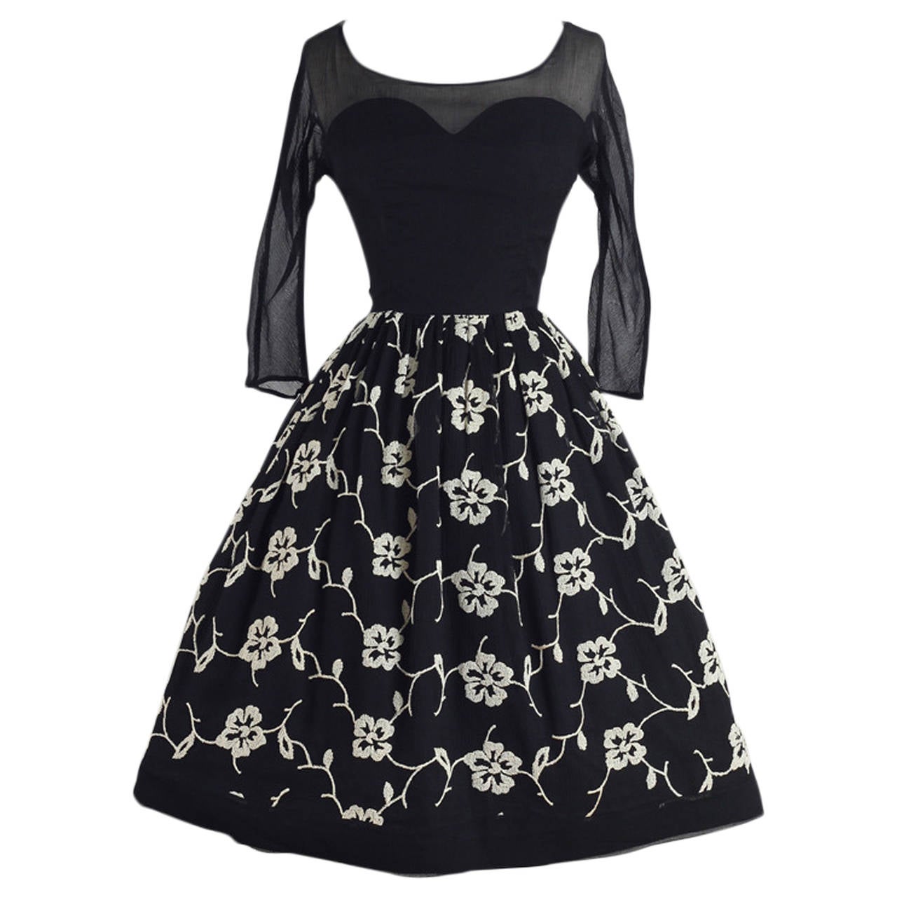 Vintage 1950s Black Embroidered Silk Crepe Illusion Dress For Sale