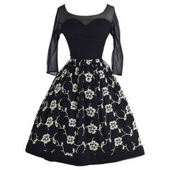 Vintage 1950s Black Embroidered Silk Crepe Illusion Dress