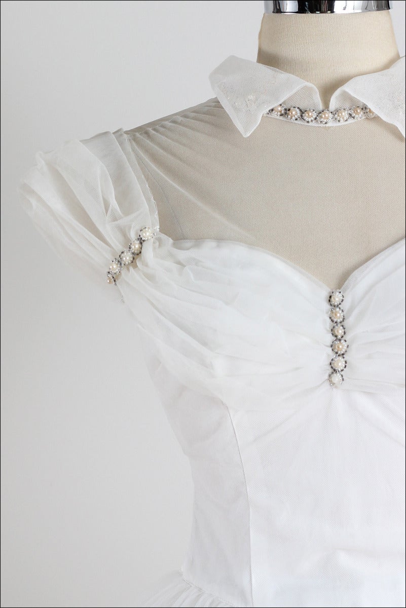 Vintage 1950s White Tulle Beaded Wedding Dress For Sale 1