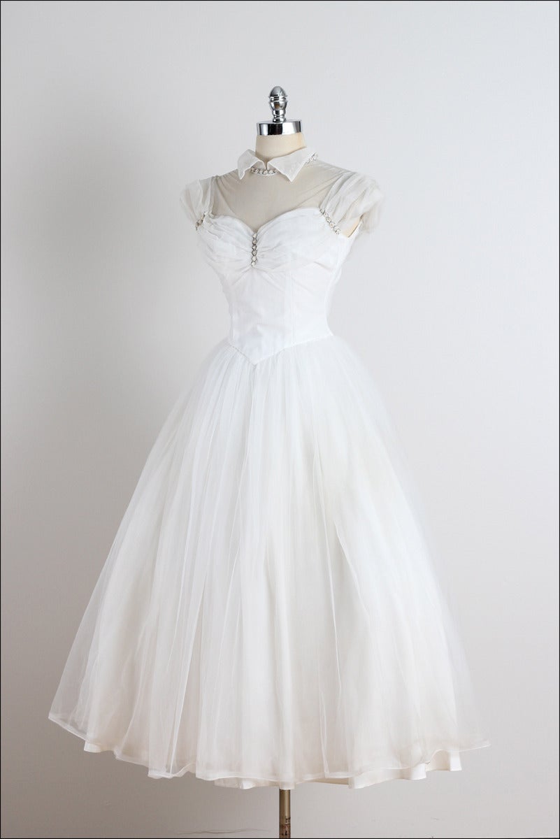 Vintage 1950s White Tulle Beaded Wedding Dress For Sale at 1stDibs ...