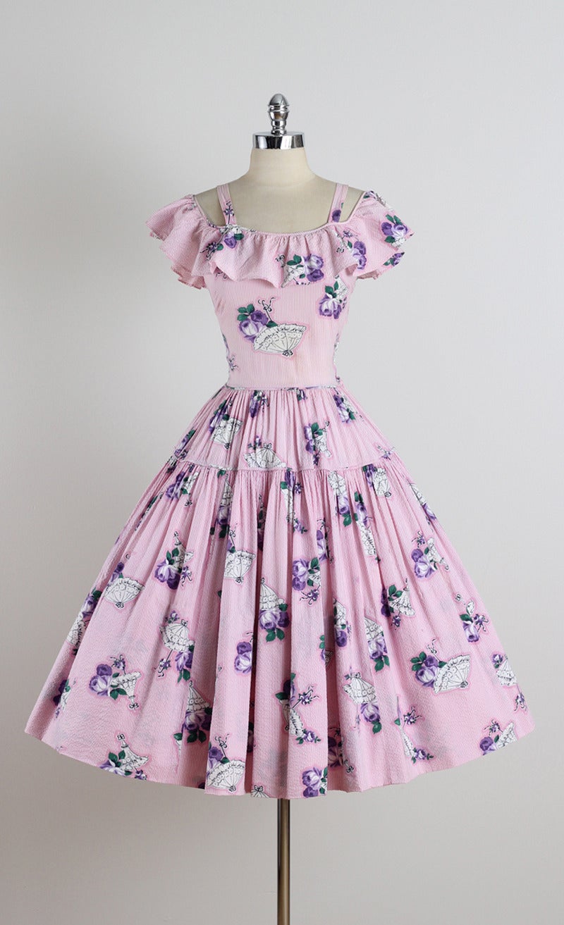 Vintage 1940s Pink Umbrella and Rose Print Dress at 1stDibs