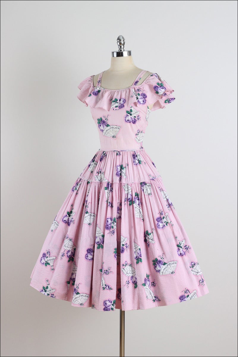 Women's Vintage 1940s Pink Umbrella and Rose Print Dress