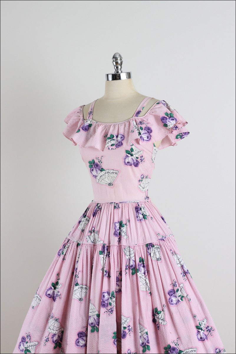 Vintage 1940s Pink Umbrella and Rose Print Dress 1