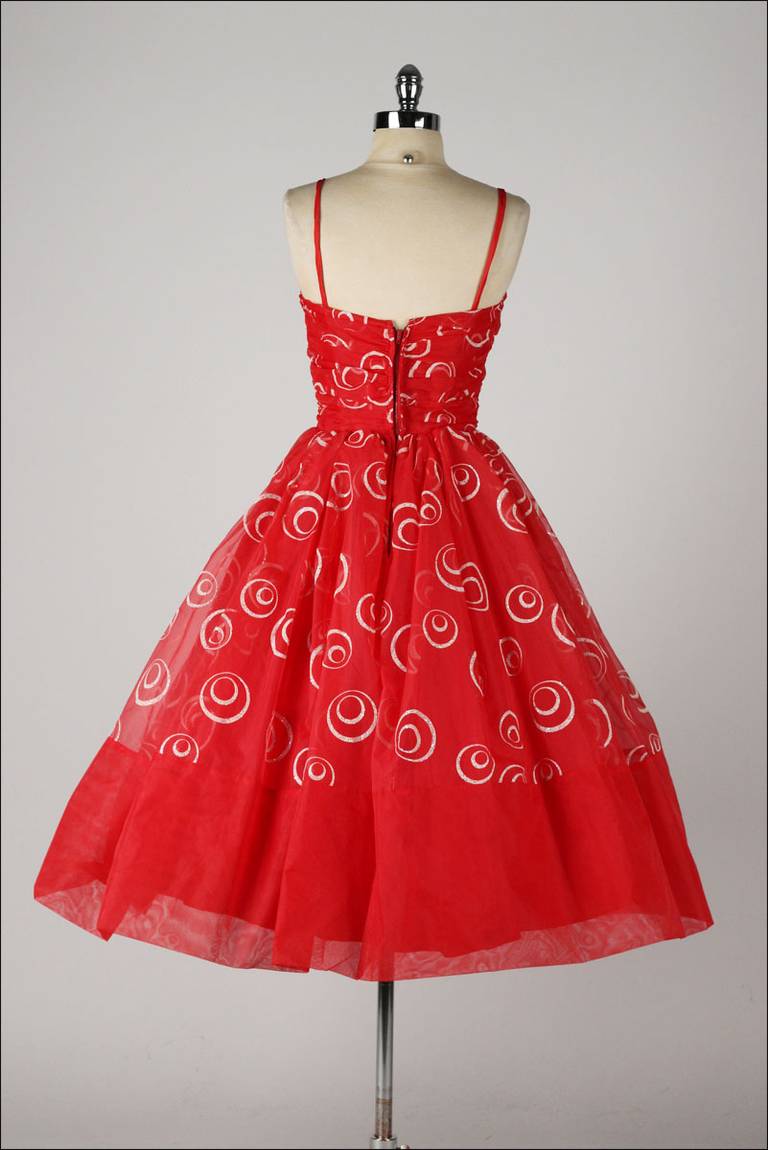 Vintage 1950's Red Chiffon Glitter Swirls Dress 1