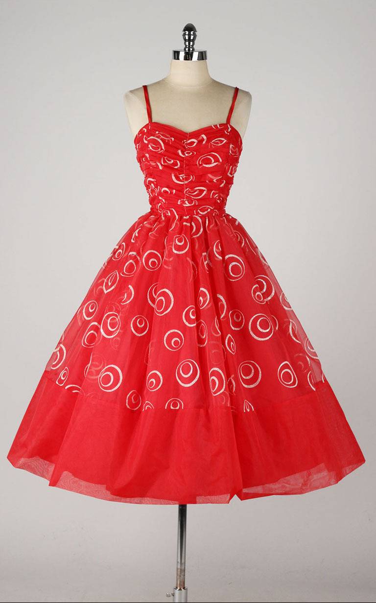 Vintage 1950's Red Chiffon Glitter Swirls Dress 2