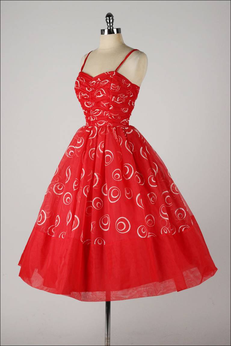 Women's Vintage 1950's Red Chiffon Glitter Swirls Dress
