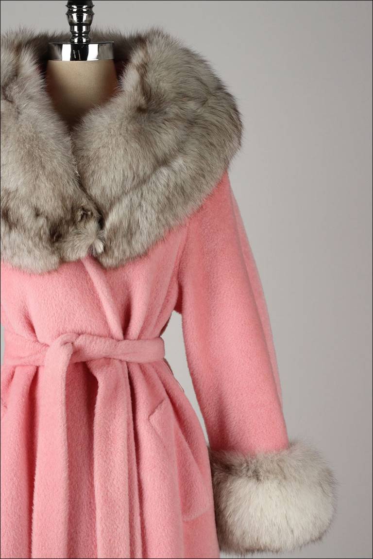 Vintage 1960's Lilli Ann Pink Wool Fox Fur Coat In Excellent Condition In Hudson on the Saint Croix, WI