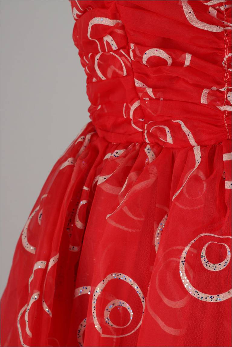 Vintage 1950's Red Chiffon Glitter Swirls Dress In Excellent Condition In Hudson on the Saint Croix, WI