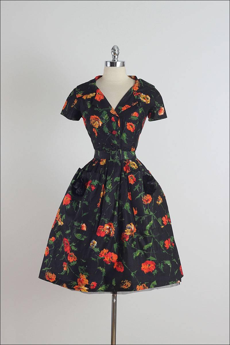 Vintage 1950s Patullo-Jo Copeland Black Floral Dress 6