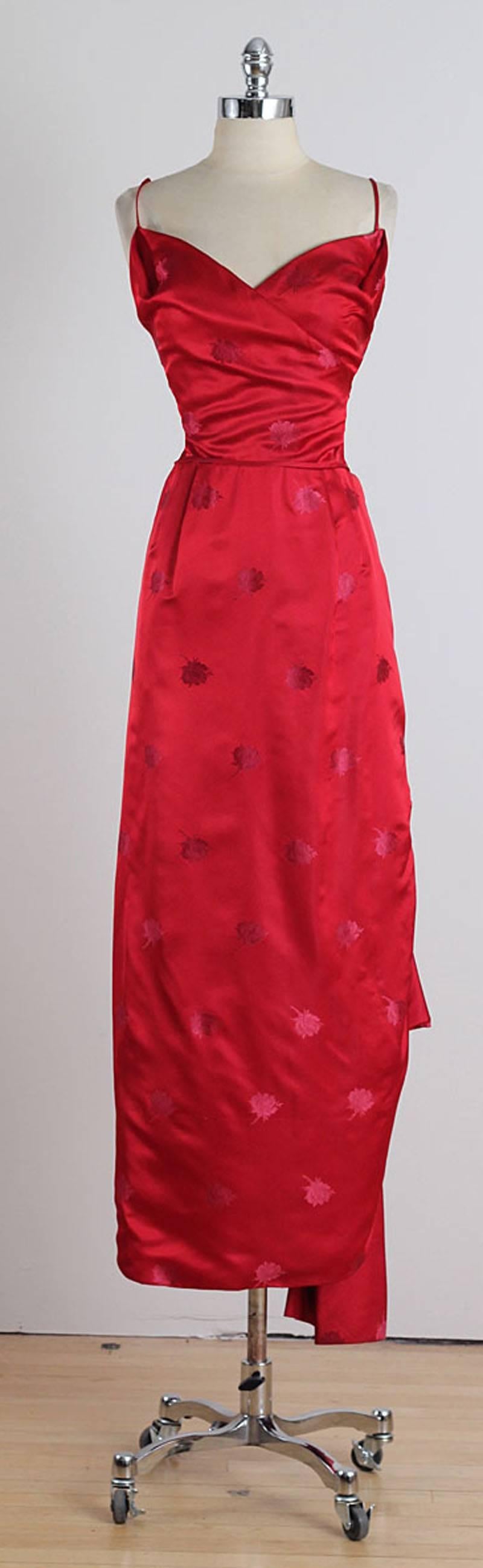 Vintage 1950s Bergdorf Goodman Red Rose Silk Brocade Dress 5