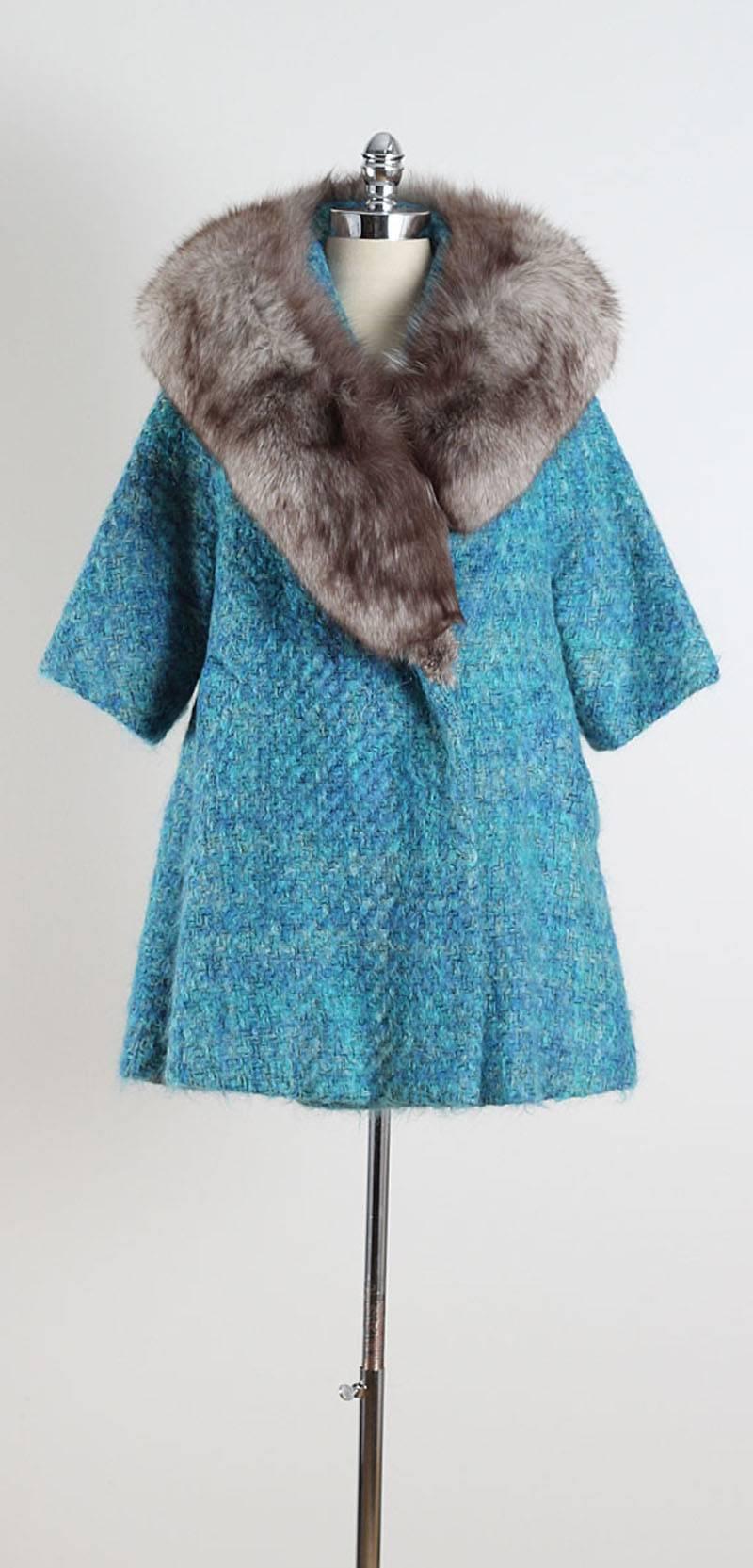 Vintage 1950s Lilli Ann Blue Wool & Silver Fox Fur Coat 6