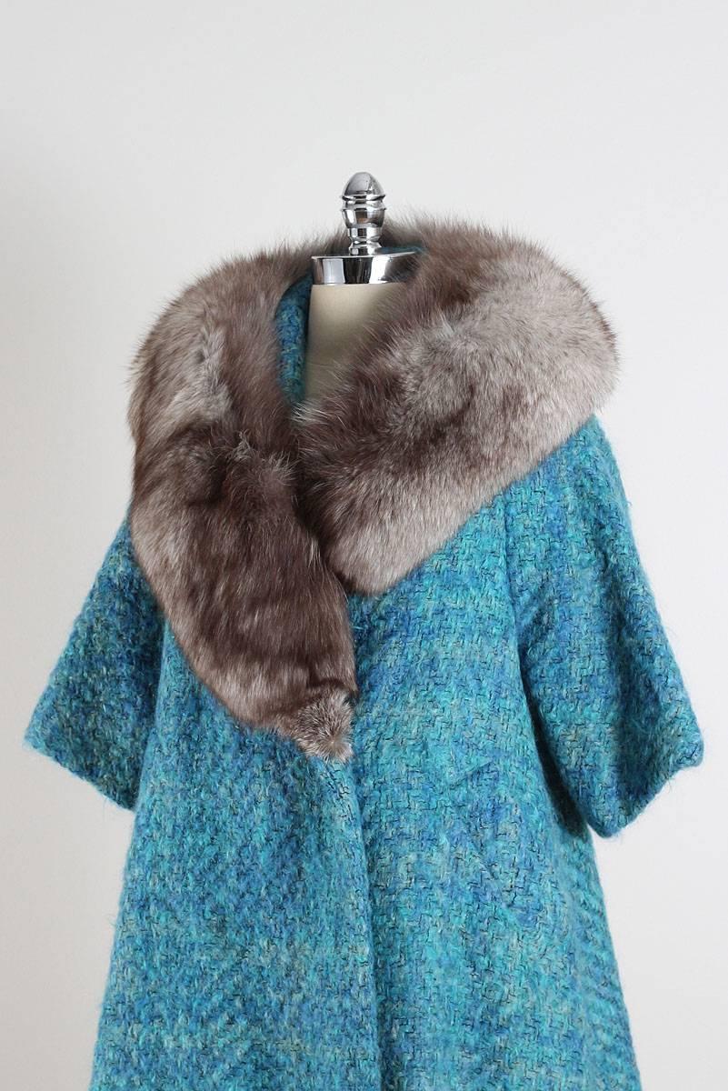 Vintage 1950s Lilli Ann Blue Wool & Silver Fox Fur Coat 1