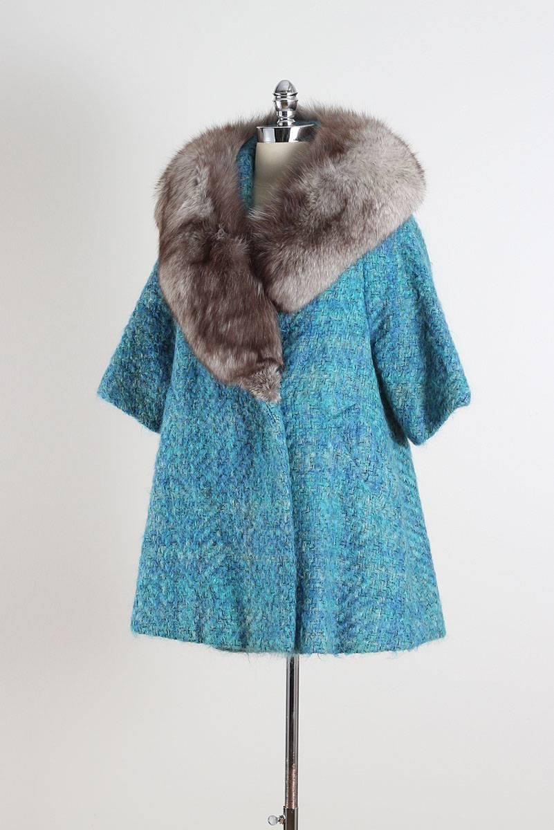 Vintage 1950s Lilli Ann Blue Wool & Silver Fox Fur Coat 2