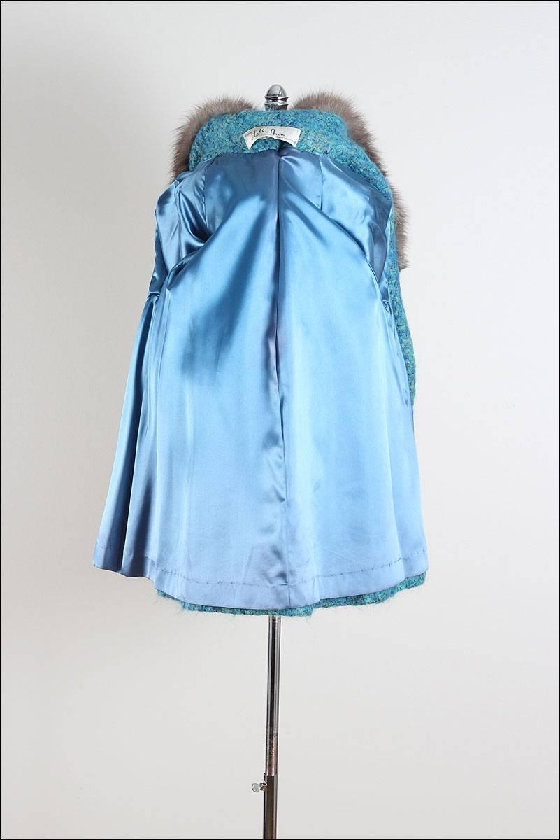 Vintage 1950s Lilli Ann Blue Wool & Silver Fox Fur Coat 3