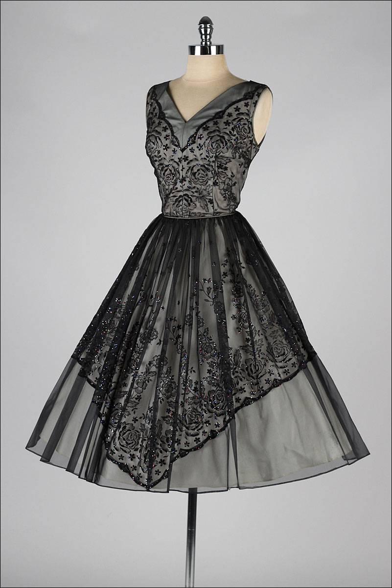 Vintage 1950s Glitter Flocked Chiffon Dress 1