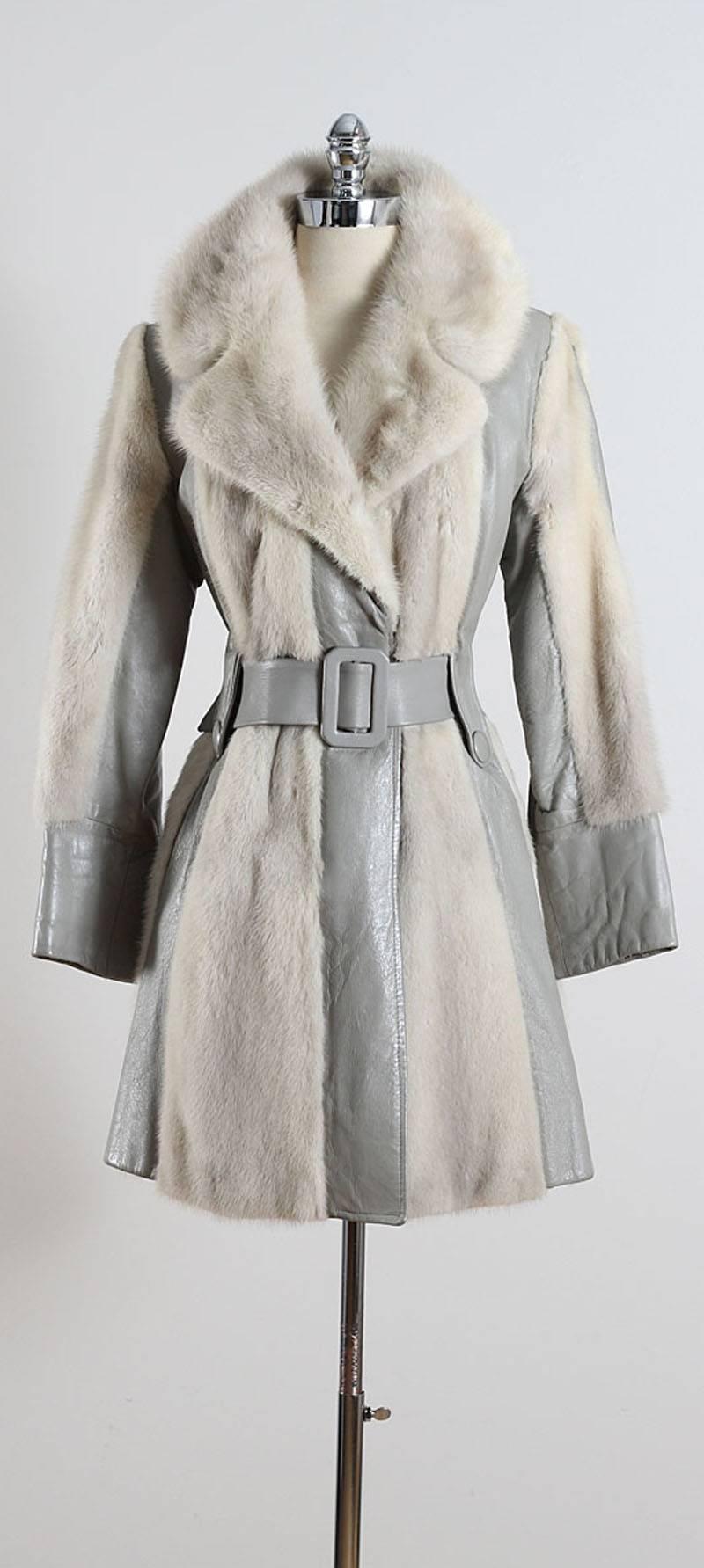 Vintage 1970s Gray Leather Silver Mink Fur Coat 6