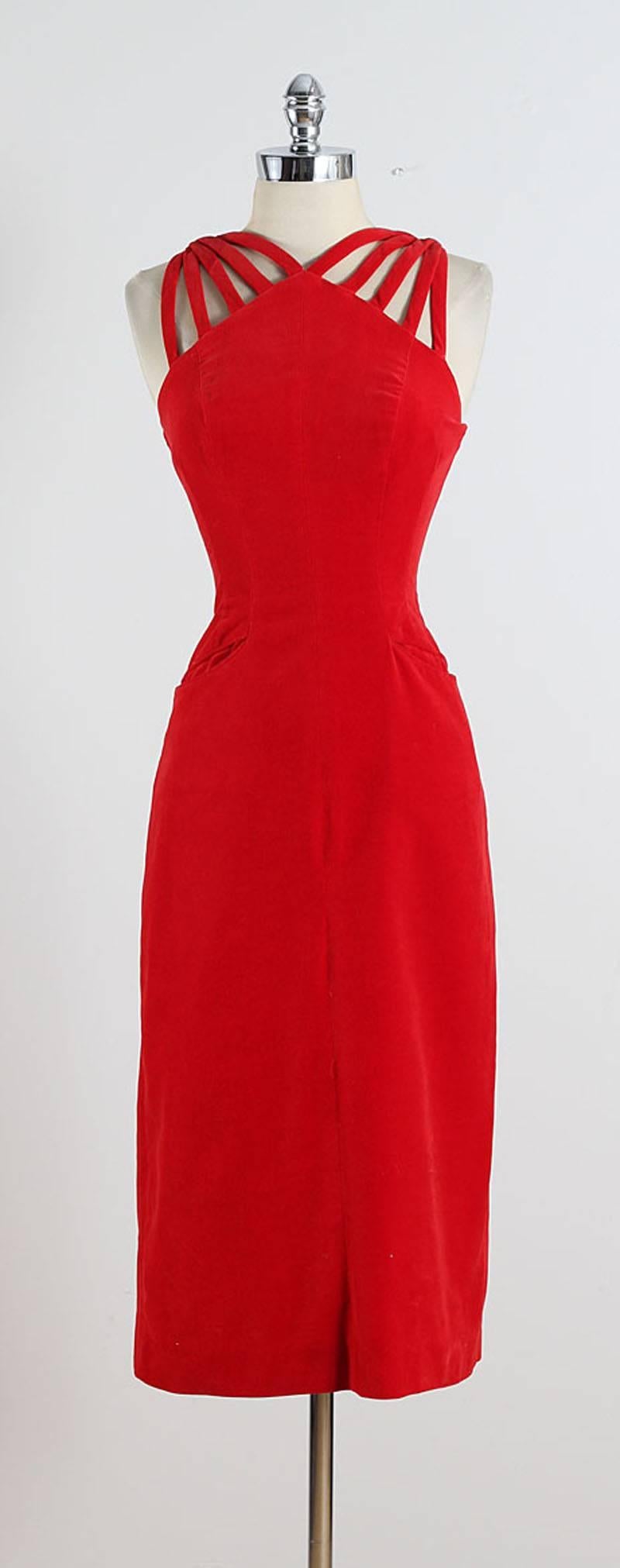 Vintage 1950s Mindy Ross Red Velvet Cocktail Dress 1