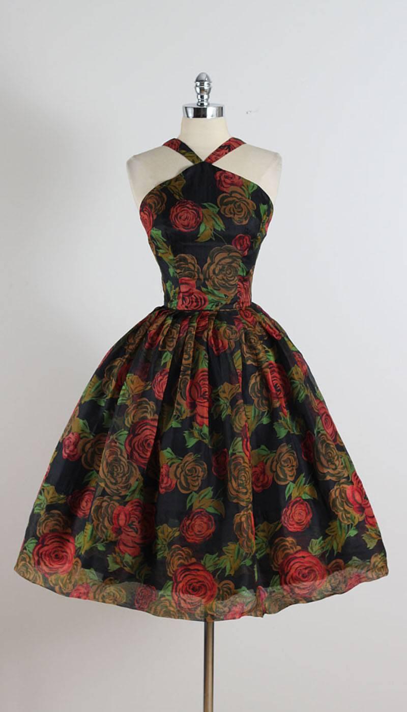 Vintage 1950s Rose Print Halter Dress at 1stDibs