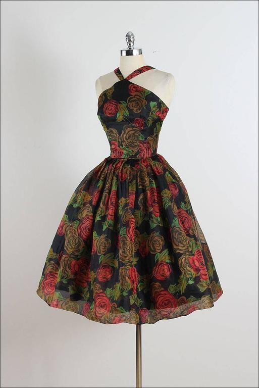 1950s Unlabeled Hand Painted Rose Print Light Satin Backless Halter Dress