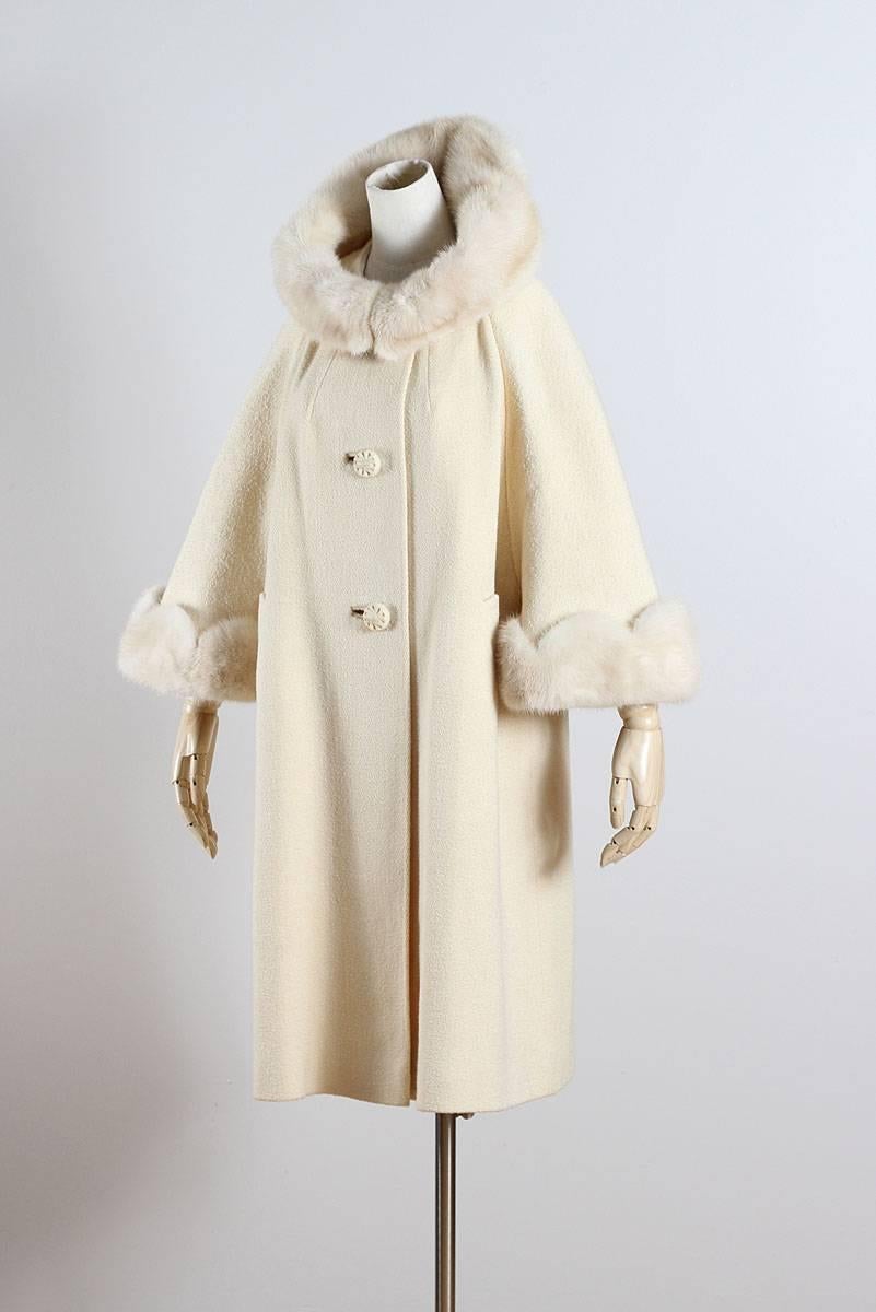 Vintage 1950s Youthcraft Ivory Wool Mink Fur Swing Coat 1