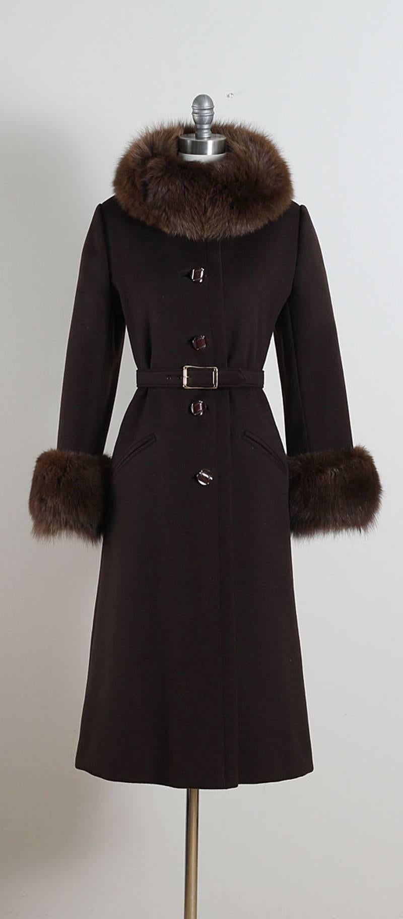Vintage 1960s Chocolate Brown Wool Fox Fur Coat For Sale 5