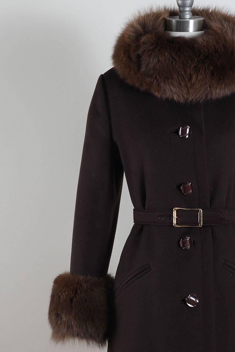 Vintage 1960s Chocolate Brown Wool Fox Fur Coat In Excellent Condition For Sale In Hudson on the Saint Croix, WI