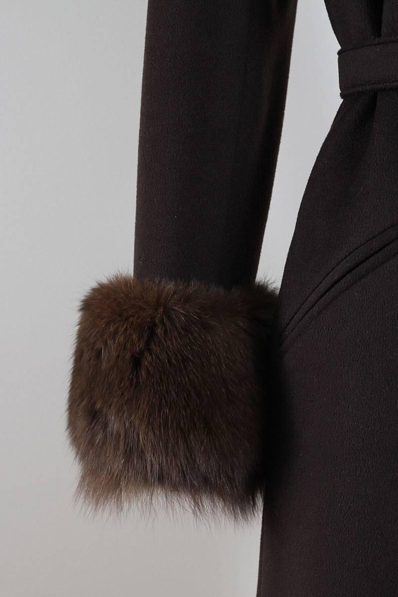 Vintage 1960s Chocolate Brown Wool Fox Fur Coat For Sale 1